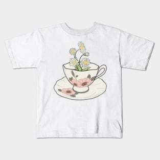 Spring Cottagecore Daisy Tea Cup Kids T-Shirt